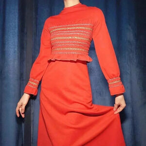 Vintage 60s bright red, gold, and silver babydoll long bell-sleeved maxi dress